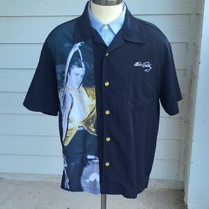 STEADY Elvis Presley Black Gold Polyester USA Mens Sz XL Short Sleeve Shirt RARE